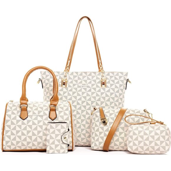 Fashionable 5pcs Handbag Set: Faux Leather Tote, Satchel & Clutch in Beige - Picture 1 of 6
